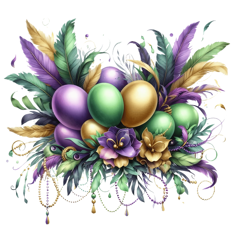 A vibrant arrangement of purple, green, and gold eggs adorned with feathers and flowers, perfect for festive celebrations.DTF Transfers