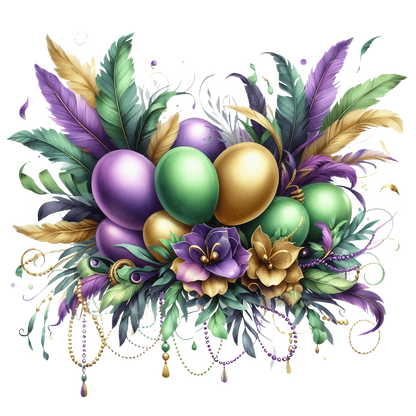 A vibrant arrangement of purple, green, and gold eggs adorned with feathers and flowers, perfect for festive celebrations.DTF Transfers