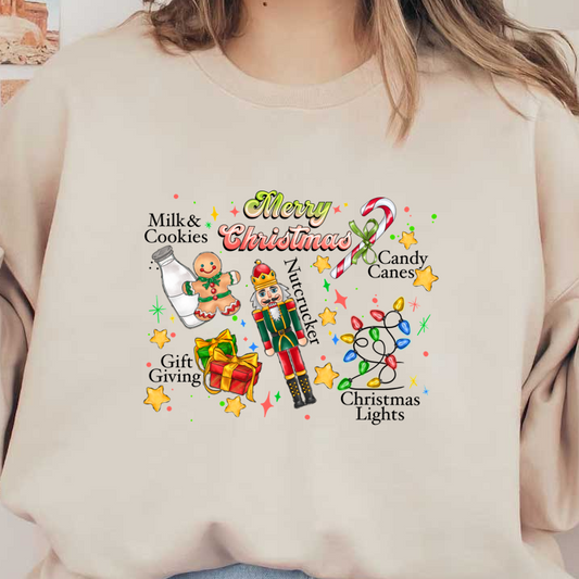 Celebrate the holiday spirit with festive icons, including a nutcracker, gingerbread man, milk, candy cane, and colorful decorations!DTF Transfers heat press transfers