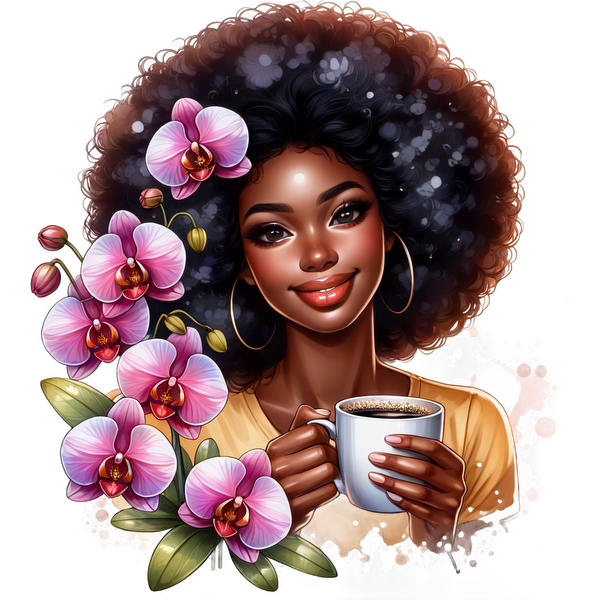 Una mujer alegre con un hermoso afro sostiene una taza de café, rodeada de vibrantes orquídeas rosas, que irradian calidez y alegría.