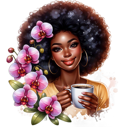 Una mujer alegre con un hermoso afro sostiene una taza de café, rodeada de vibrantes orquídeas rosas, que irradian calidez y alegría.