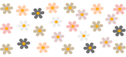 A vibrant pattern of colorful flowers in various shades, featuring soft pinks, whites, and dark tones, with bright yellow centers.UV Transfers dtf prints