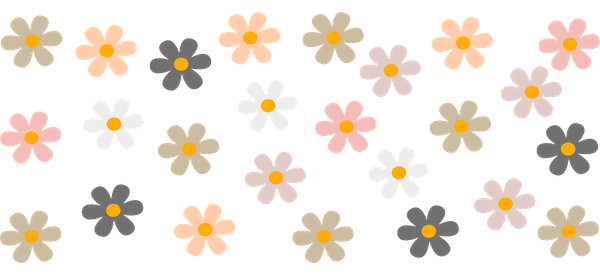 A vibrant pattern of colorful flowers featuring soft hues of pink, white, gray, and yellow, creating a cheerful design.UV Transfers heat press transfers
