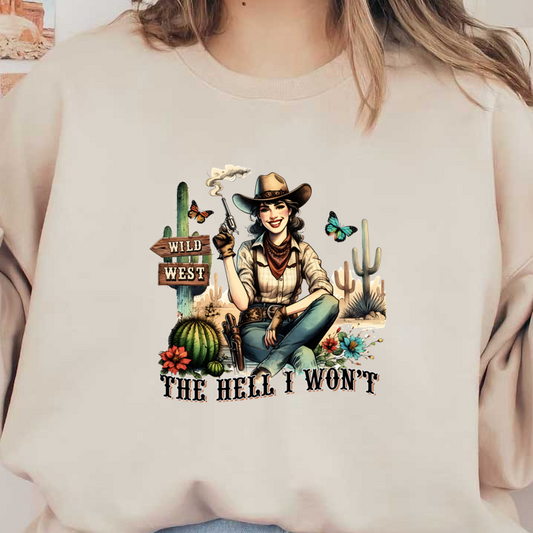 A vibrant illustration of a confident cowgirl in the Wild West, complete with a gun, butterflies, and colorful flora. dtf transfers