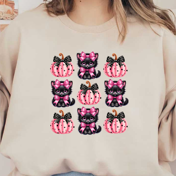 A charming arrangement of black kittens with pink bows beside adorable pink pumpkins featuring polka dot details and festive accents.dtf regular iron