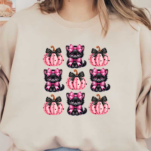 A charming illustration featuring cute black kittens with pink bows alongside pink and black polka dot pumpkins, perfect for fall themes. dtf prints
