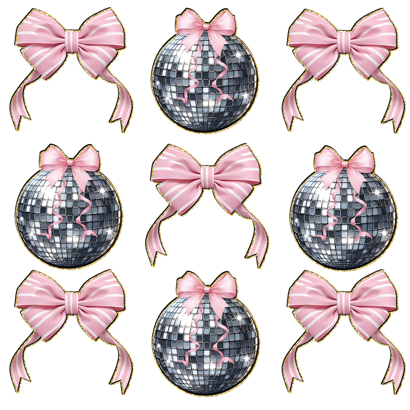 A playful arrangement of sparkling disco balls adorned with elegant pink bows, perfect for festive celebrations or party-themed designs.DTF Transfersdtf regular irondtf regular iron