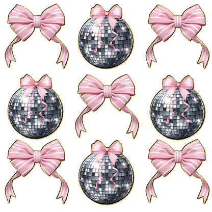 A playful arrangement of sparkling disco balls adorned with elegant pink bows, perfect for festive celebrations or party-themed designs.DTF Transfersdtf regular irondtf regular iron