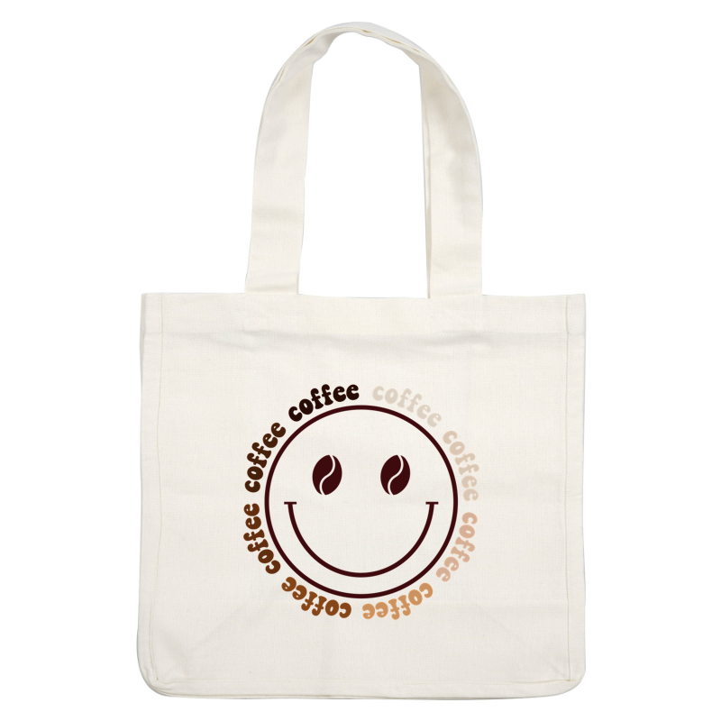 Un alegre diseño con temática de café que presenta una cara sonriente con granos de café como ojos, rodeada por la palabra "café".