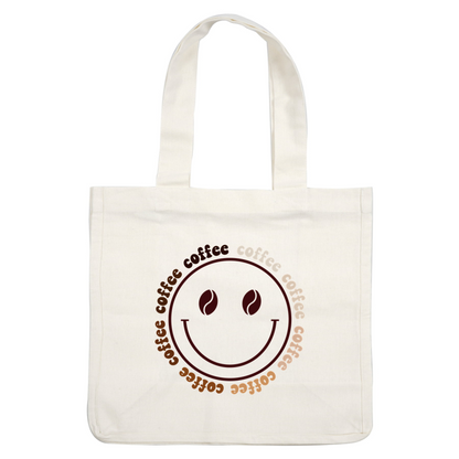 Un alegre diseño con temática de café que presenta una cara sonriente con granos de café como ojos, rodeada por la palabra "café".