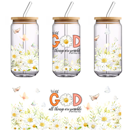 A black poster with flowers and butterflies surrounding the word "God".UV Transfers