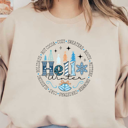 A festive "Hello" design featuring decorative trees, snowflakes, and bells, all adorned in cheerful winter colors. heat press transfers