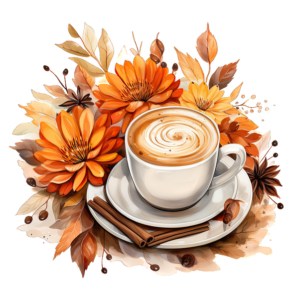 A beautifully arranged cup of coffee topped with swirls, surrounded by vibrant autumn flowers and cinnamon sticks.dtf regular iron