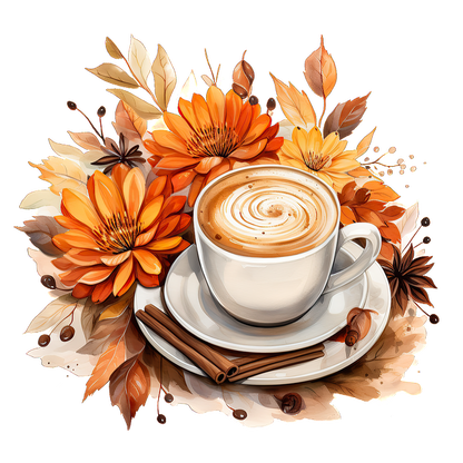 A beautifully arranged cup of coffee topped with swirls, surrounded by vibrant autumn flowers and cinnamon sticks.dtf regular iron