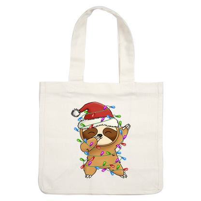 A cheerful cartoon sloth wearing a Santa hat, playfully wrapped in colorful Christmas lights. dtf transfers