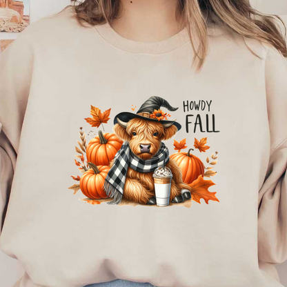 A cute Highland calf wearing a witch hat and scarf, surrounded by pumpkins and holding a festive drink, celebrates fall.dtf regular iron