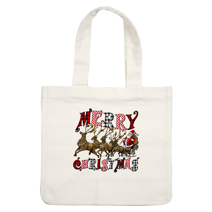 A festive design featuring Santa Claus riding in a sleigh pulled by reindeer, with "Merry Christmas" in playful, colorful text. dtf prints