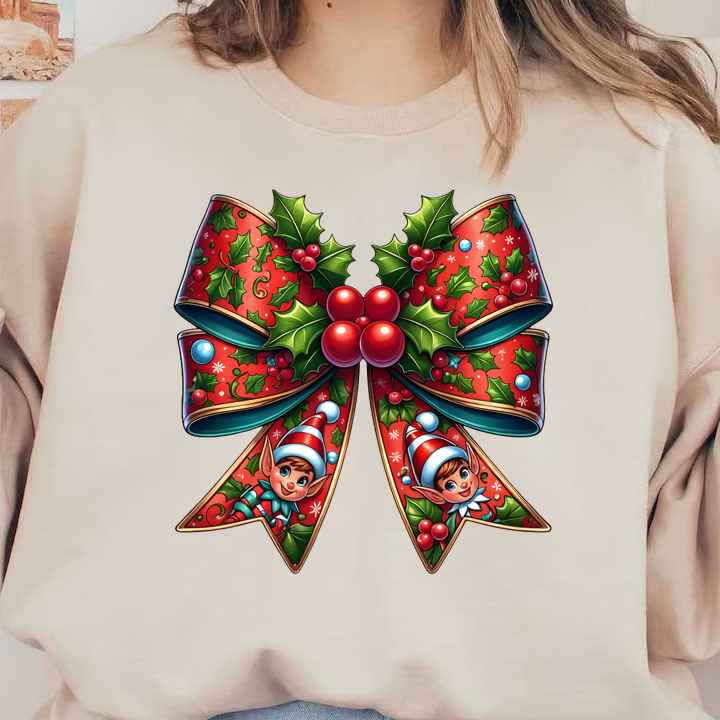 A festive, vibrant bow decorated with holly, berries, and playful elf faces, perfect for holiday celebrations. dtf transfers