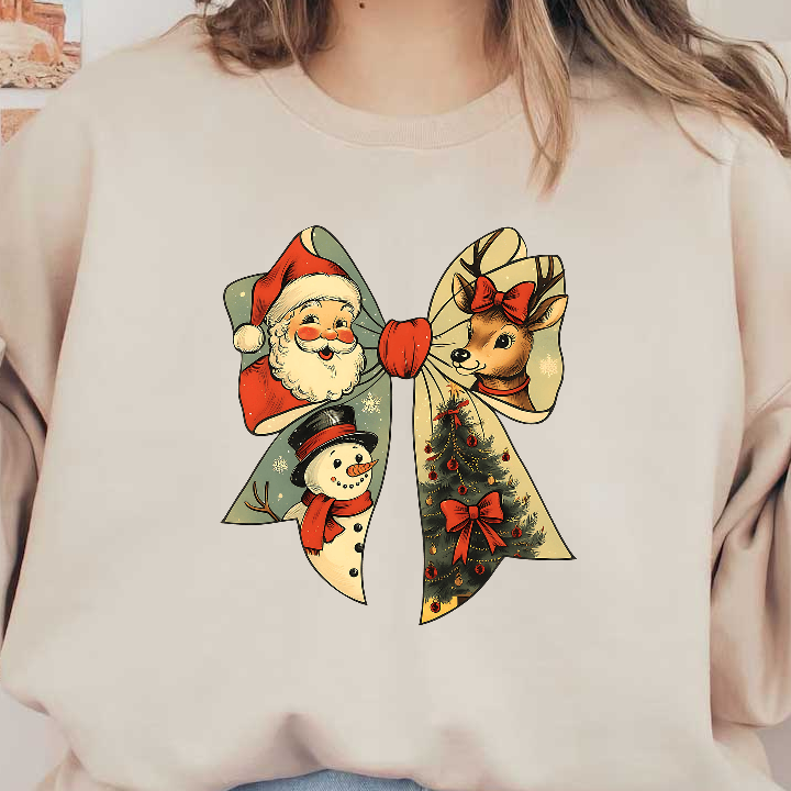 A festive ribbon features Santa, a snowman, a deer, and a Christmas tree.DTF Transfers