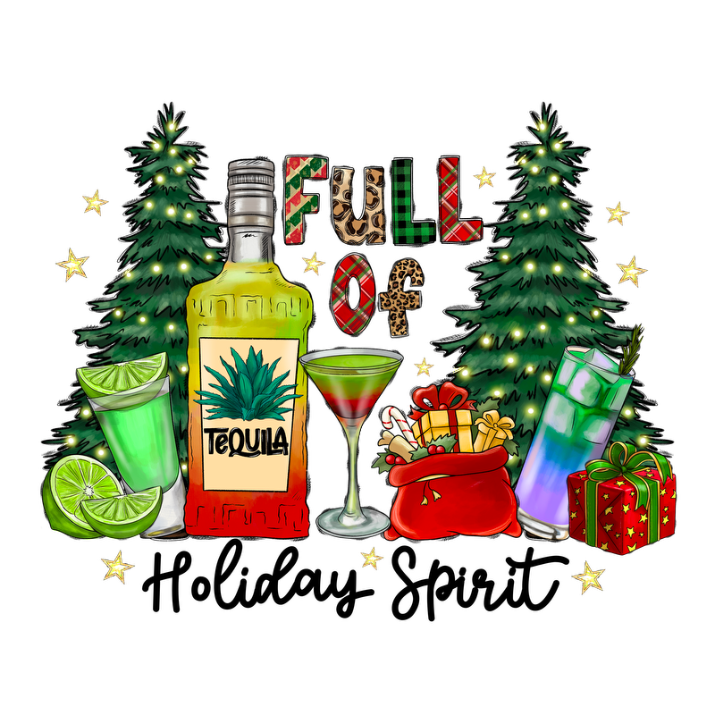 A vibrant holiday-themed illustration featuring a bottle of tequila, festive cocktails, and Christmas trees, celebrating the spirit of the season.DTF Transfers dtf transfers