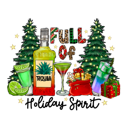 A vibrant holiday-themed illustration featuring a bottle of tequila, festive cocktails, and Christmas trees, celebrating the spirit of the season.DTF Transfers dtf transfers