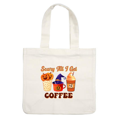 Celebrate Halloween with this playful design featuring coffee cups and pumpkins, perfect for those needing their caffeine fix! dtf prints