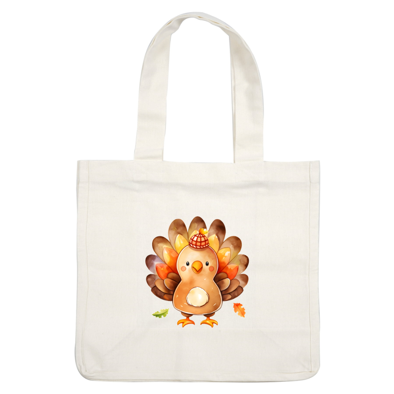 A cheerful cartoon turkey with colorful feathers and a cute plaid hat, perfect for fall festivities! dtf transfers heat press transfers