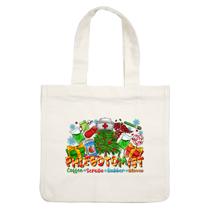 A festive and colorful design featuring a Christmas tree, gifts, and various medical items, celebrating the phlebotomist profession.DTF Transfers heat press transfers