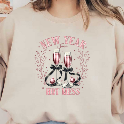 Celebrate the New Year with a playful "Hot Mess" design featuring two elegantly adorned champagne flutes and festive decorations!DTF Transfersdtf regular iron