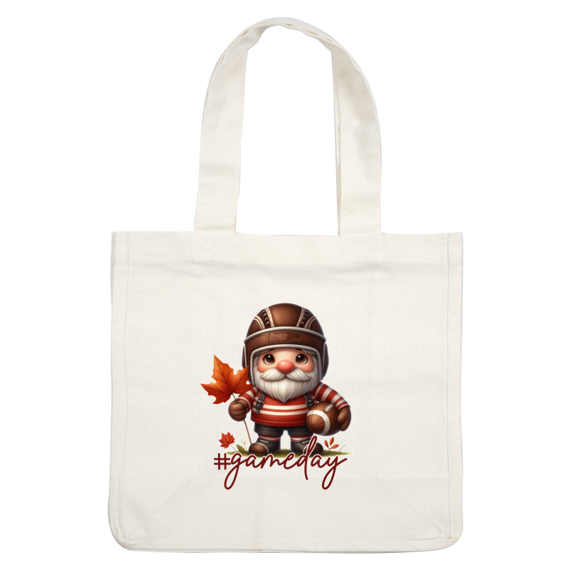 A festive gnome in a football helmet and striped shirt, holding a football and autumn leaves, perfect for game day! dtf prints