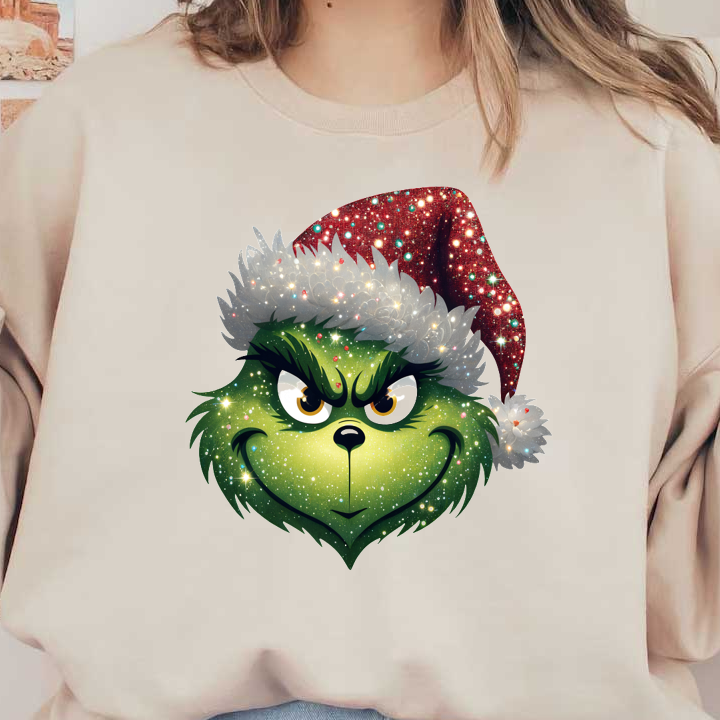 A festive illustration of the Grinch wearing a sparkly Santa hat, exuding mischief and holiday cheer.DTF Transfers dtf prints