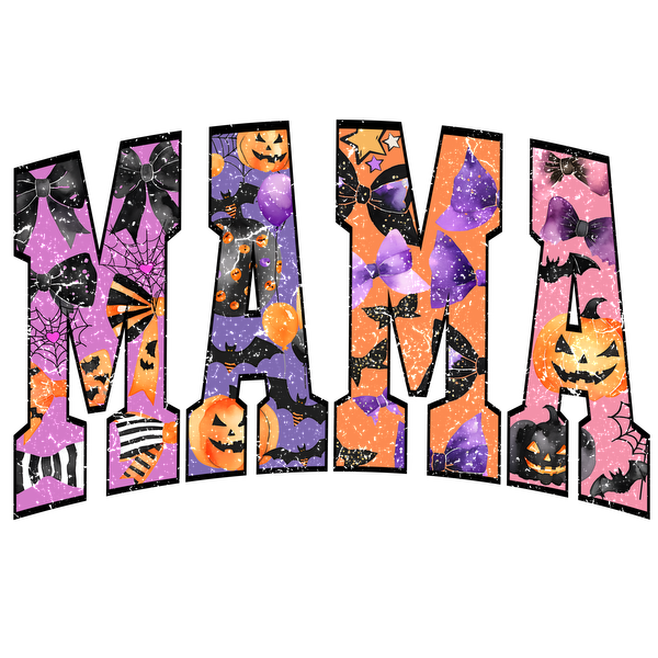 A vibrant "MAMA" graphic featuring Halloween themes with pumpkins, bows, and spooky decorations, perfect for festive celebrations.dtf regular iron