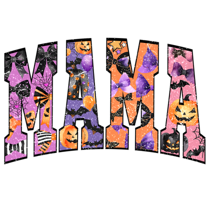 A vibrant "MAMA" graphic featuring Halloween themes with pumpkins, bows, and spooky decorations, perfect for festive celebrations.dtf regular iron