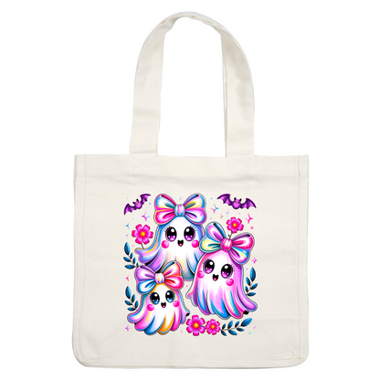 Three cute, colorful ghost characters with bows and cheerful expressions surrounded by flowers.DTF Transfers