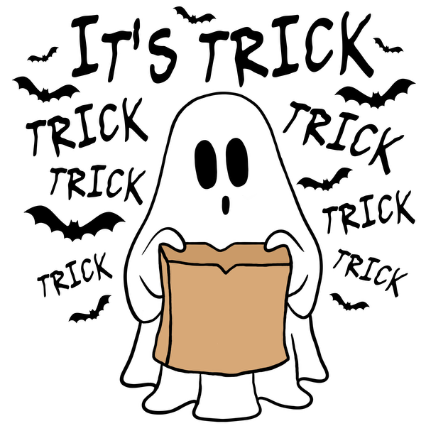 A cute cartoon ghost holding a brown paper bag, set against a black background, perfect for Halloween fun!dtf regular iron