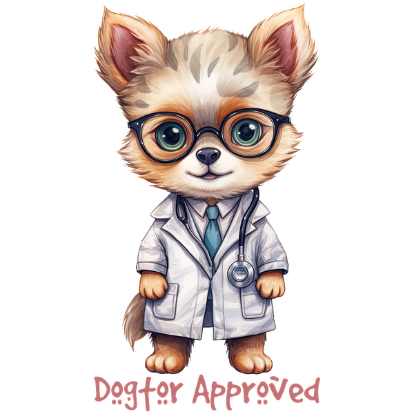 ¡Encantador perro de dibujos animados con bata de laboratorio y gafas, listo para aprobar con una divertida leyenda "Aprobado por Dogtor"!