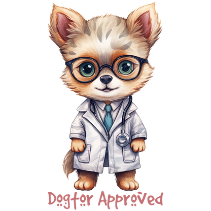 ¡Encantador perro de dibujos animados con bata de laboratorio y gafas, listo para aprobar con una divertida leyenda "Aprobado por Dogtor"!