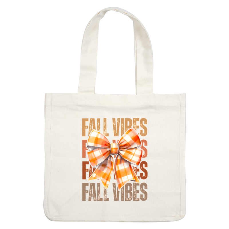 Un alegre lazo a cuadros naranja y blanco con las palabras "Fall Vibes" en el fondo, ¡perfecto para la decoración de otoño!