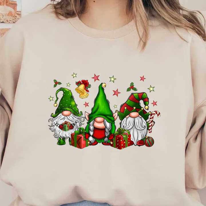 Three festive gnomes in colorful hats pose with presents, surrounded by holiday decorations like stars, bells, and candy canes.DTF Transfers