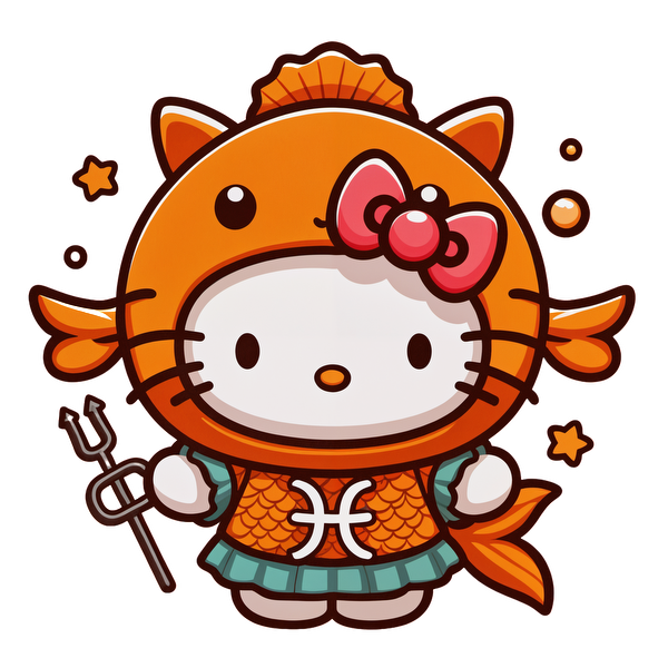 A cute character dressed in an orange fish-themed outfit, complete with a pink bow and a trident, embodying a playful spirit.DTF Transfers heat press transfers