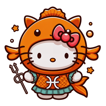 A cute character dressed in an orange fish-themed outfit, complete with a pink bow and a trident, embodying a playful spirit.DTF Transfers heat press transfers