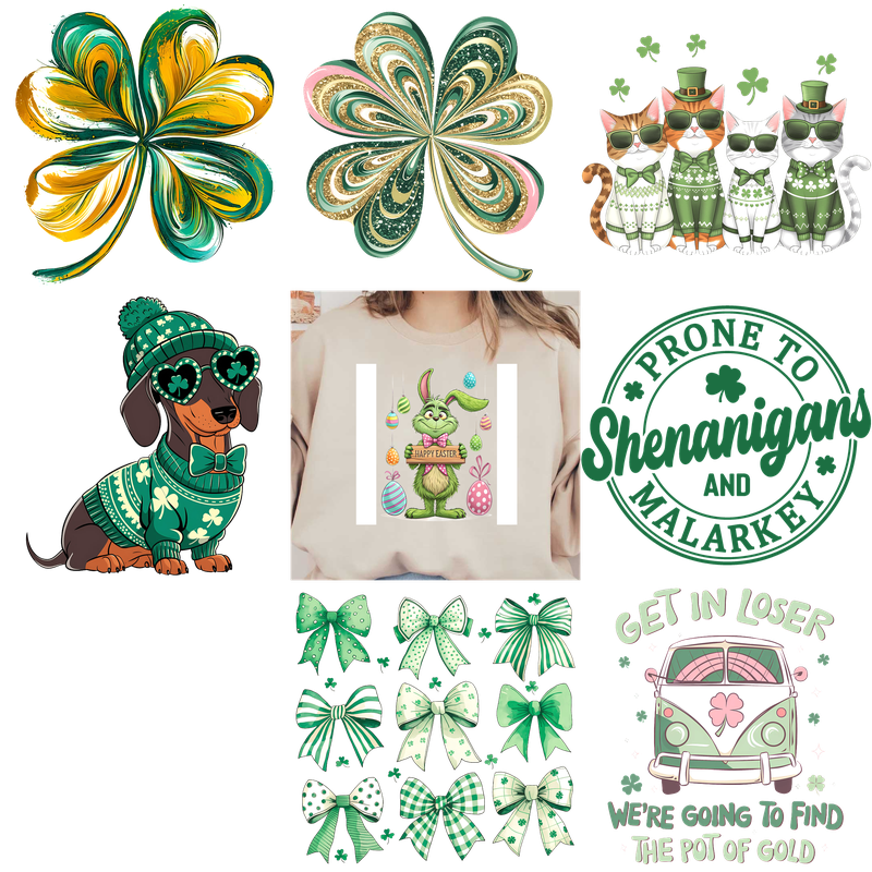St. Patrick's Day-themed pattern featuring a dog, shamrocks, and a "Loser" car.DTF Transfers