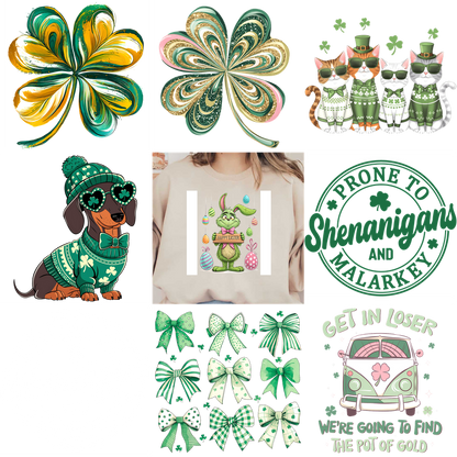 St. Patrick's Day-themed pattern featuring a dog, shamrocks, and a "Loser" car.DTF Transfers