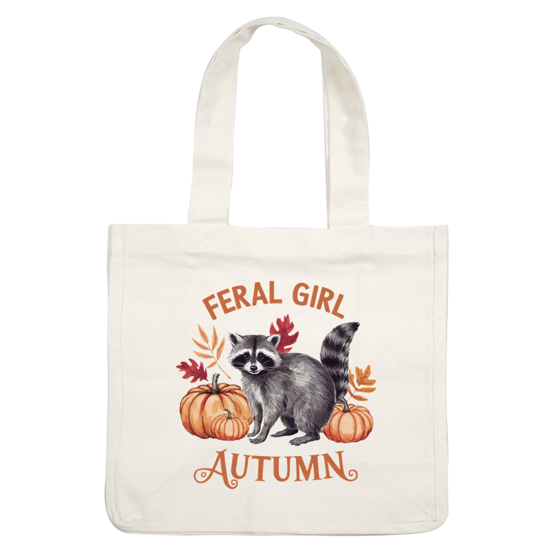 Whimsical autumn design featuring a charming raccoon surrounded by pumpkins and fall leaves, with "Feral Girl Autumn" text.