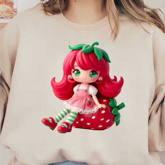 This adorable doll features vibrant pink hair, green eyes, and a strawberry-themed outfit, sitting on a cute strawberry base.DTF Transfers