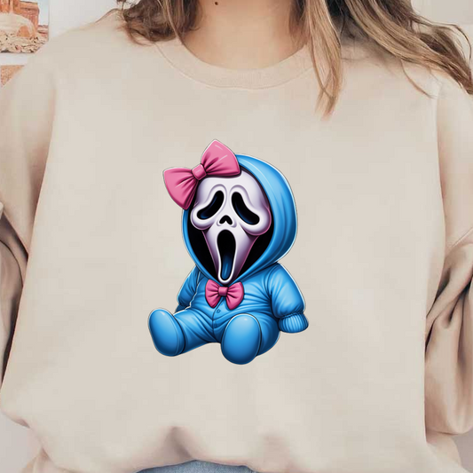 Un muñeco fantasma divertido y caricaturesco que presenta una sudadera con capucha azul y un lazo rosa y que desprende un encanto divertido y espeluznante.