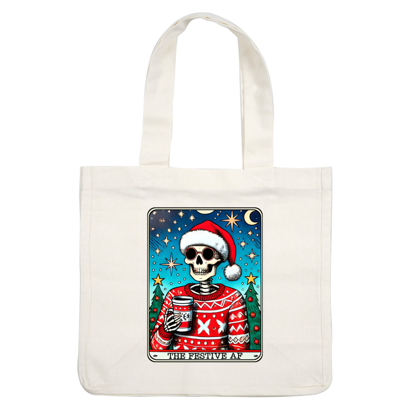 A quirky illustration featuring a skeleton in a festive sweater and Santa hat, holding a drink against a cheerful winter backdrop.dtf regular iron