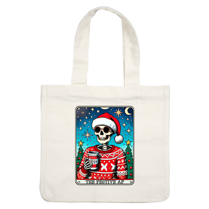 A quirky illustration featuring a skeleton in a festive sweater and Santa hat, holding a drink against a cheerful winter backdrop.dtf regular iron