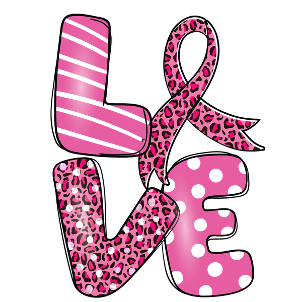 A vibrant "LOVE" design featuring playful pink patterns and a leopard print ribbon, perfect for spreading positivity and style. dtf transfers