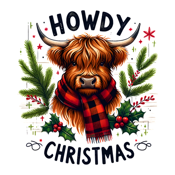 A cheerful illustration of a Highland cow wearing a red and black scarf, surrounded by festive greenery and holiday cheer. dtf prints
